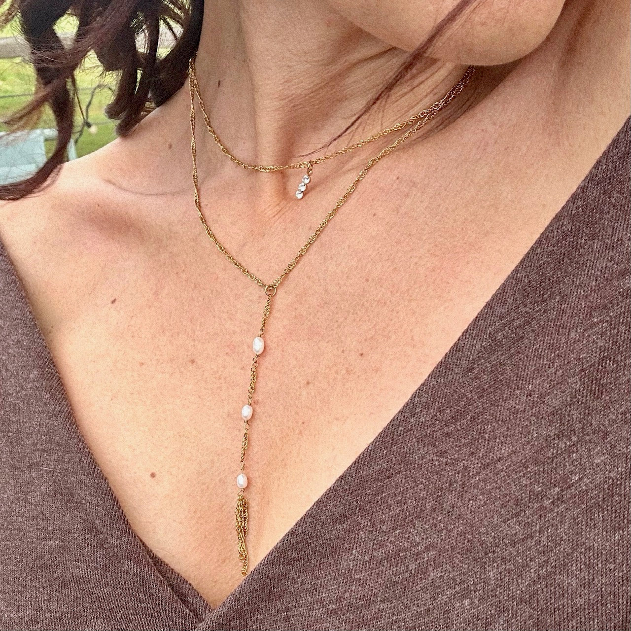 MAD SO CREATION Angie collier double Y perle douce strass