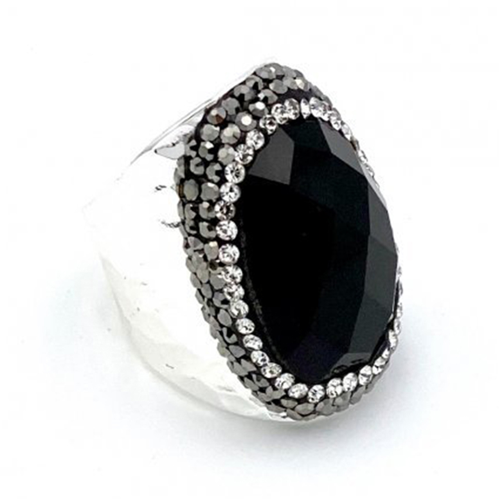 Hypnochic Onyx bague argentée strass pierre noire