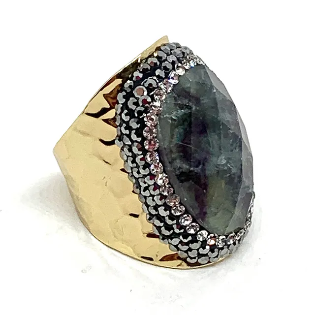 Hypnochic Labradorite bague dorée strass ajustable