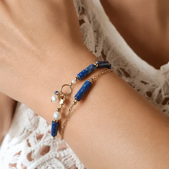 Ô Plum bracelet lapis lazuli tube plaqué or 15-18 cm
