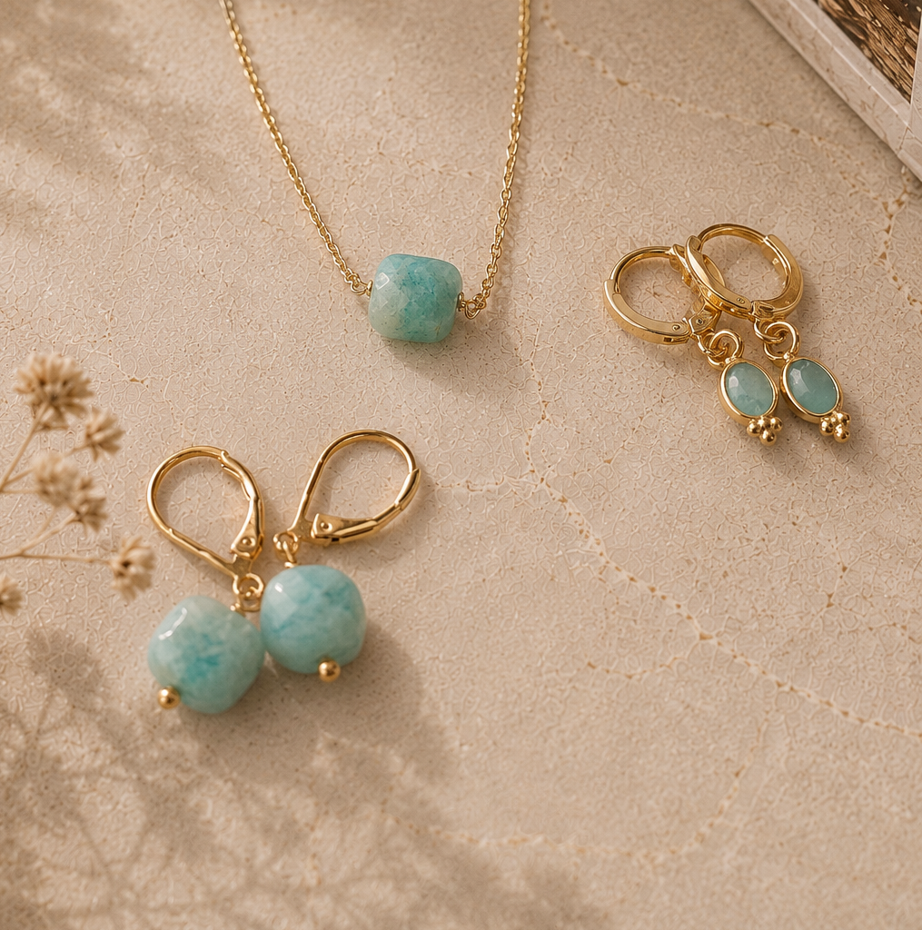 Ô PLUM Ania boucles dormeuses amazonite plaqué or 2,5 cm