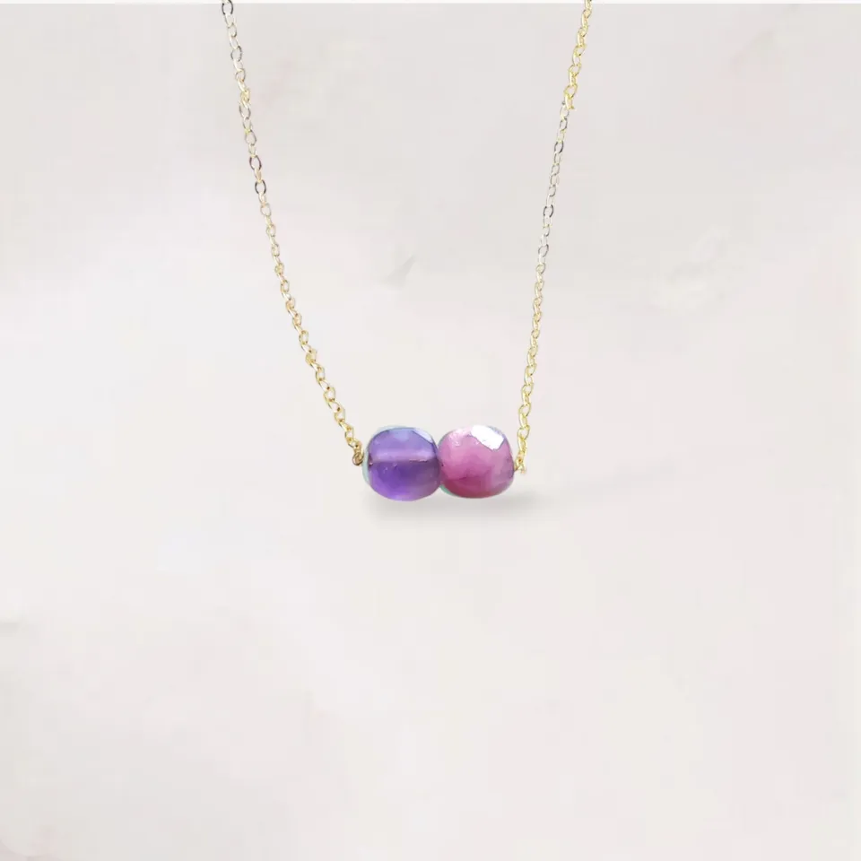 Ô PLUM ALIÉNOR collier rubis améthyste plaqué or 39/42 cm