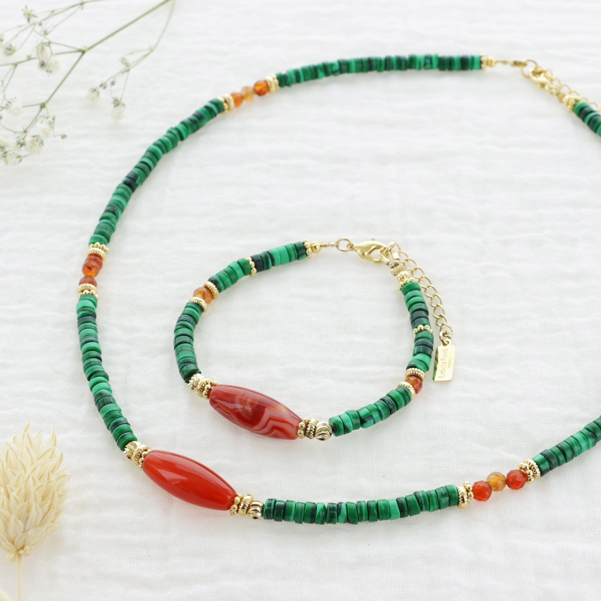 Leticia Ponti Zoé bracelet malachite et cornaline
