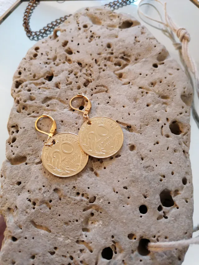 Le P’tit Franc 20 Centimes boucles d’oreilles pièce 17 mm plaqué or