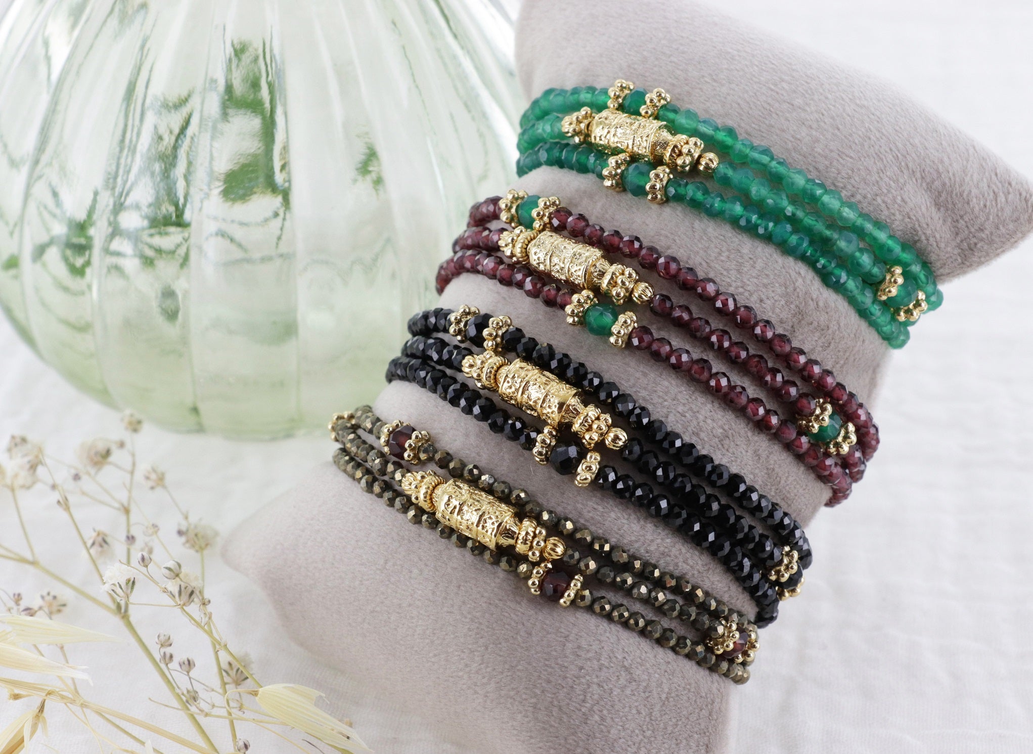 Leticia Ponti Amaia Tube bracelet 3 tours agate verte plaqué or