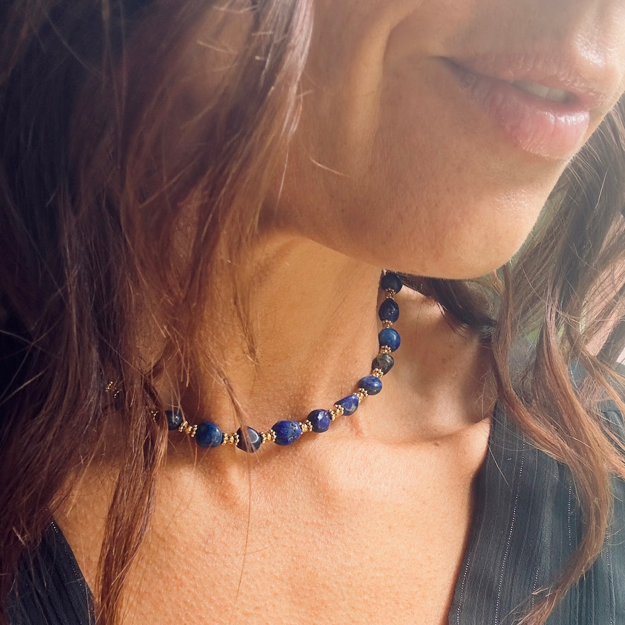 MAD SO CREATION Céleste collier lapis-lazuli doré
