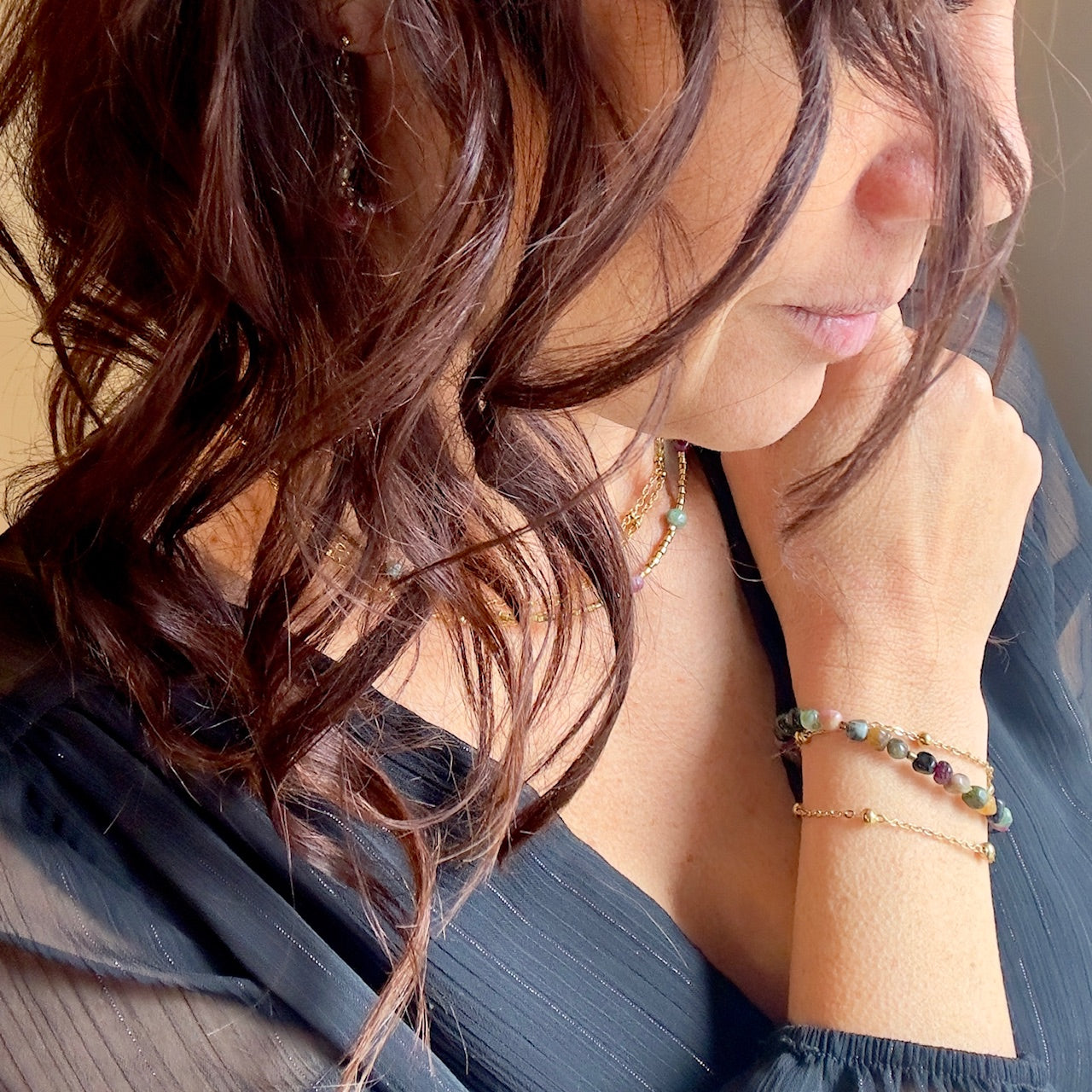 MAD SO CREATION Esra bracelet tourmaline triple rang 16,5 cm