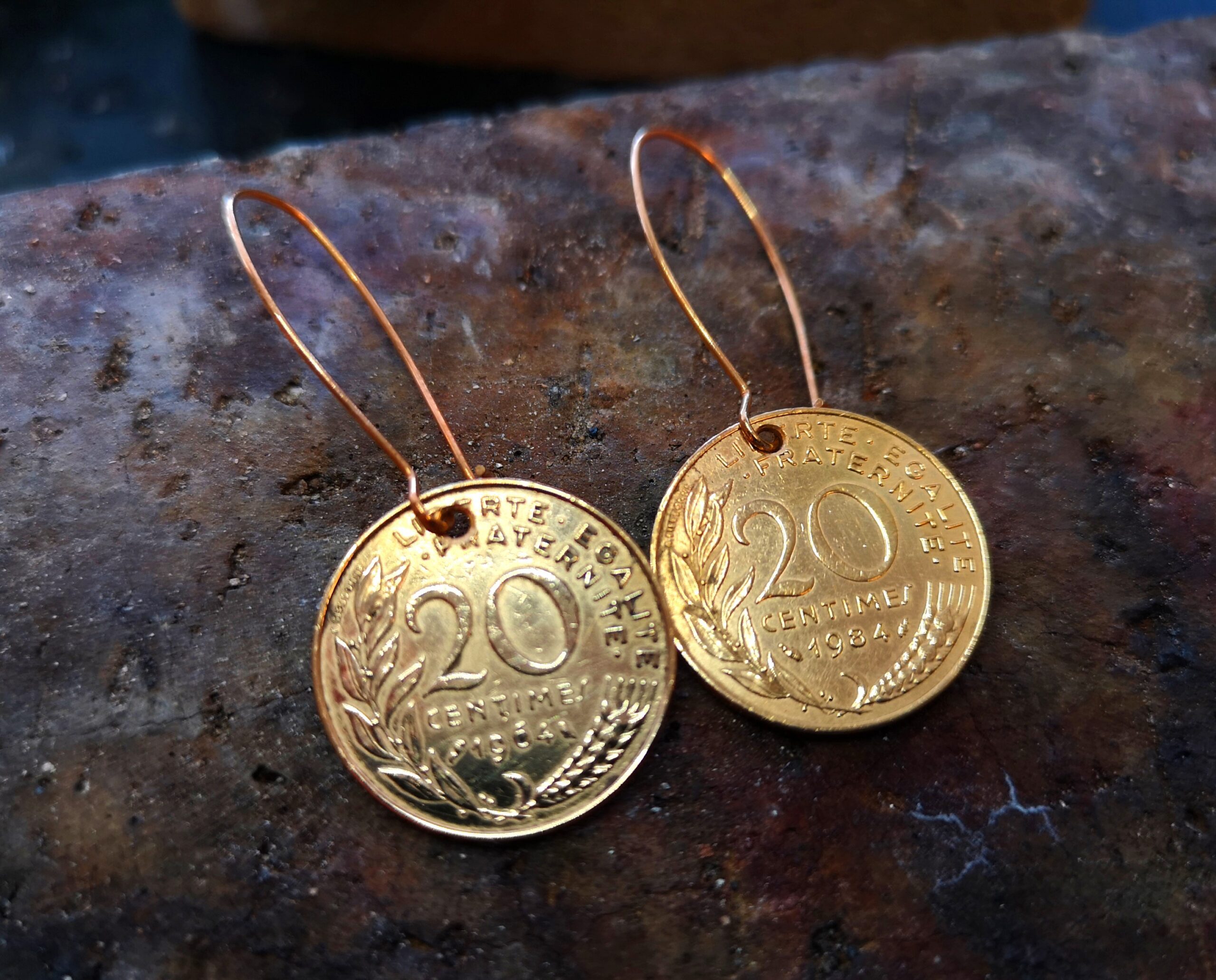 Le P’tit Franc 20 Centimes boucles d’oreilles pièce 17 mm plaqué or