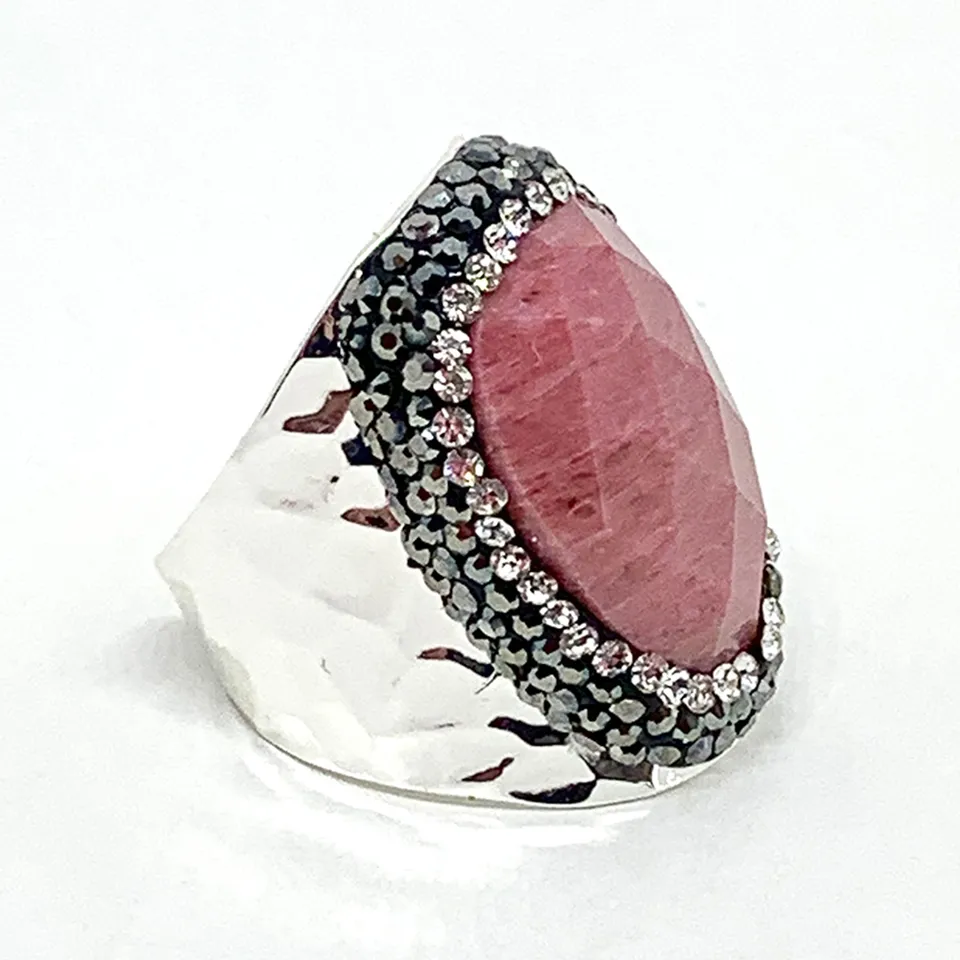 Hypnochic Bague Argenté Strass Rhodochrosite Ajustable
