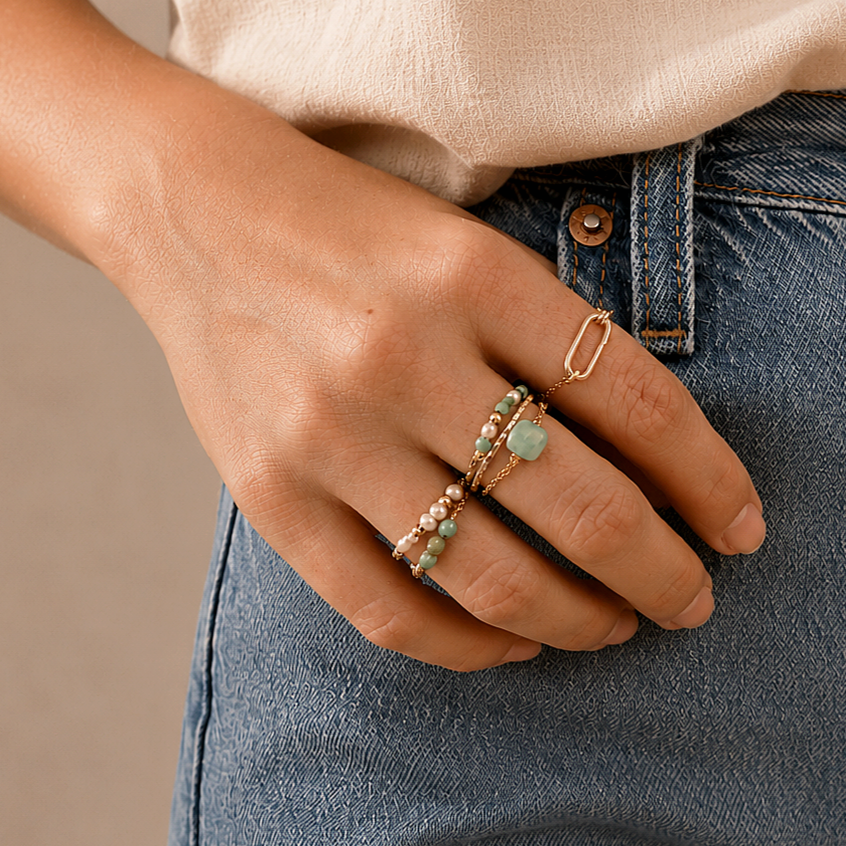 Ô PLUM Hanna bague chaîne amazonite plaqué or taille 52