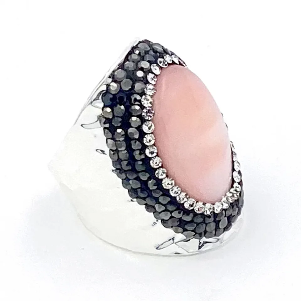 HYPNOCHIC Bague Strass Nacre Rose Argenté Ajustable