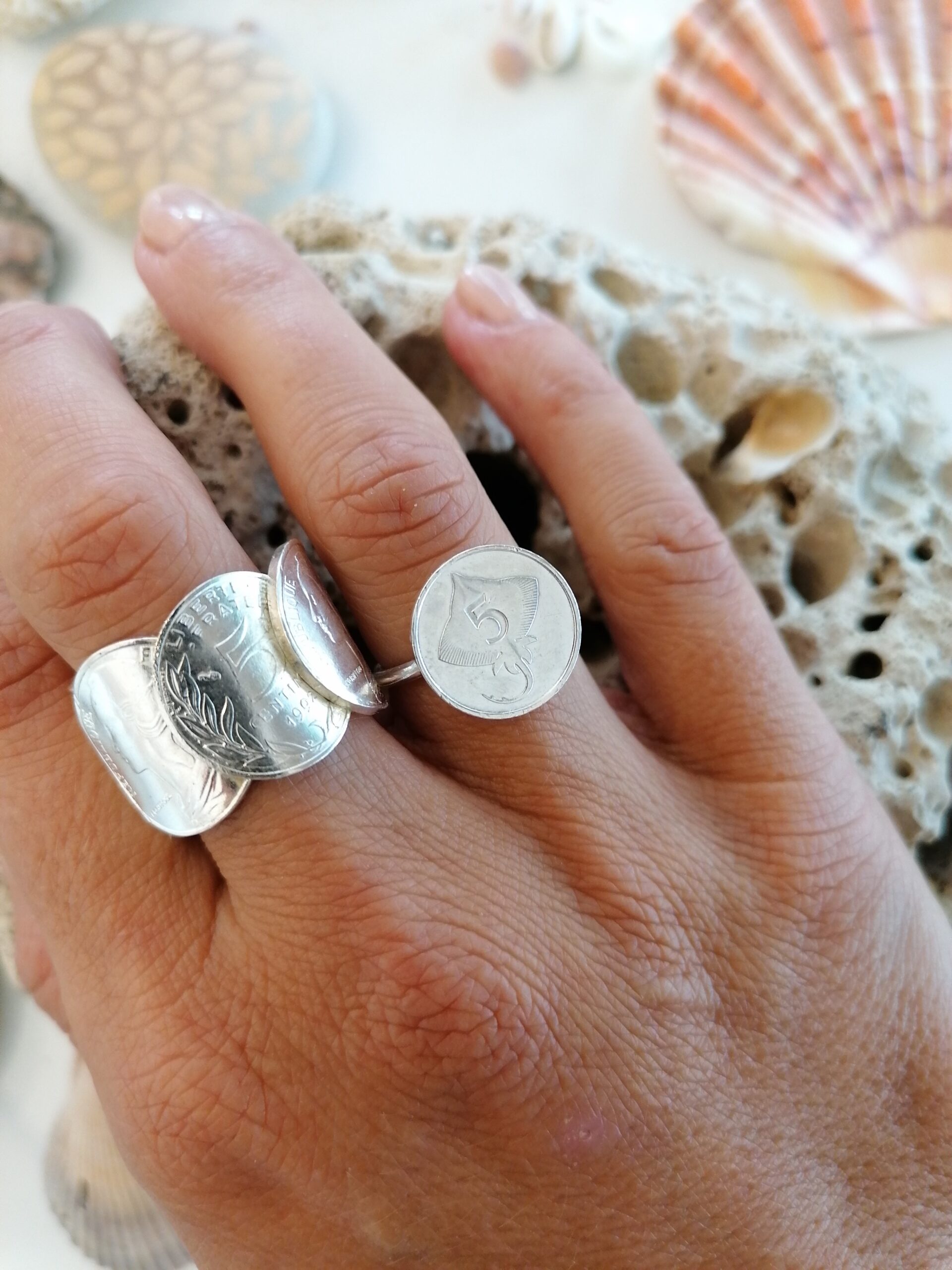 Le P'tit Franc Iel bague 3 pièces 5 centimes plaqué or