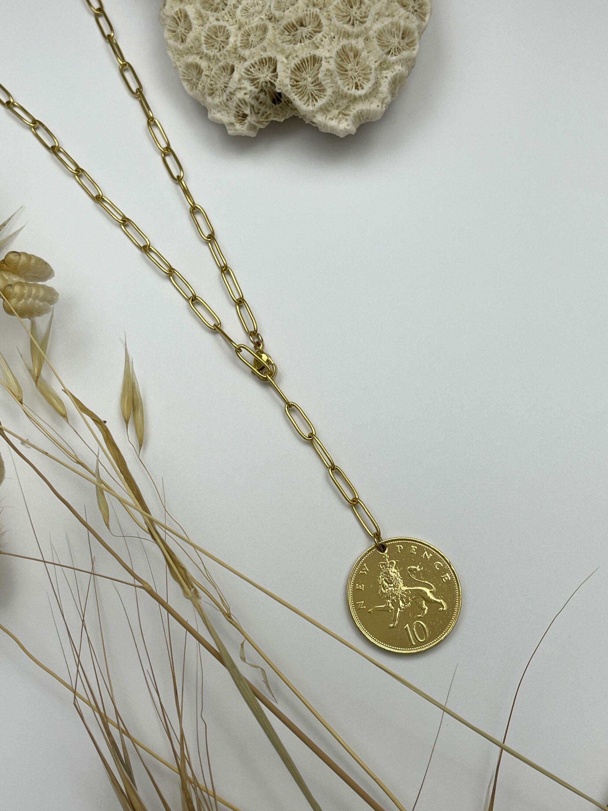 Le P’tit Franc Collier 10 Pence collier pièce anglaise chaîne 45 cm or