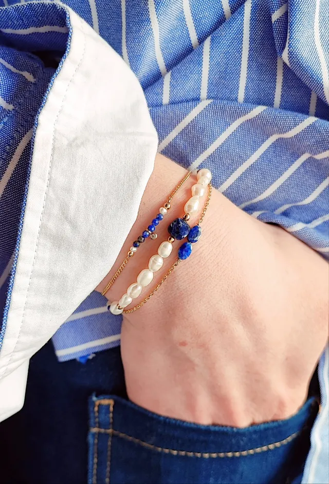 Ô Plum Bracelet Lapis-lazuli zircon plaqué or 15-18 cm
