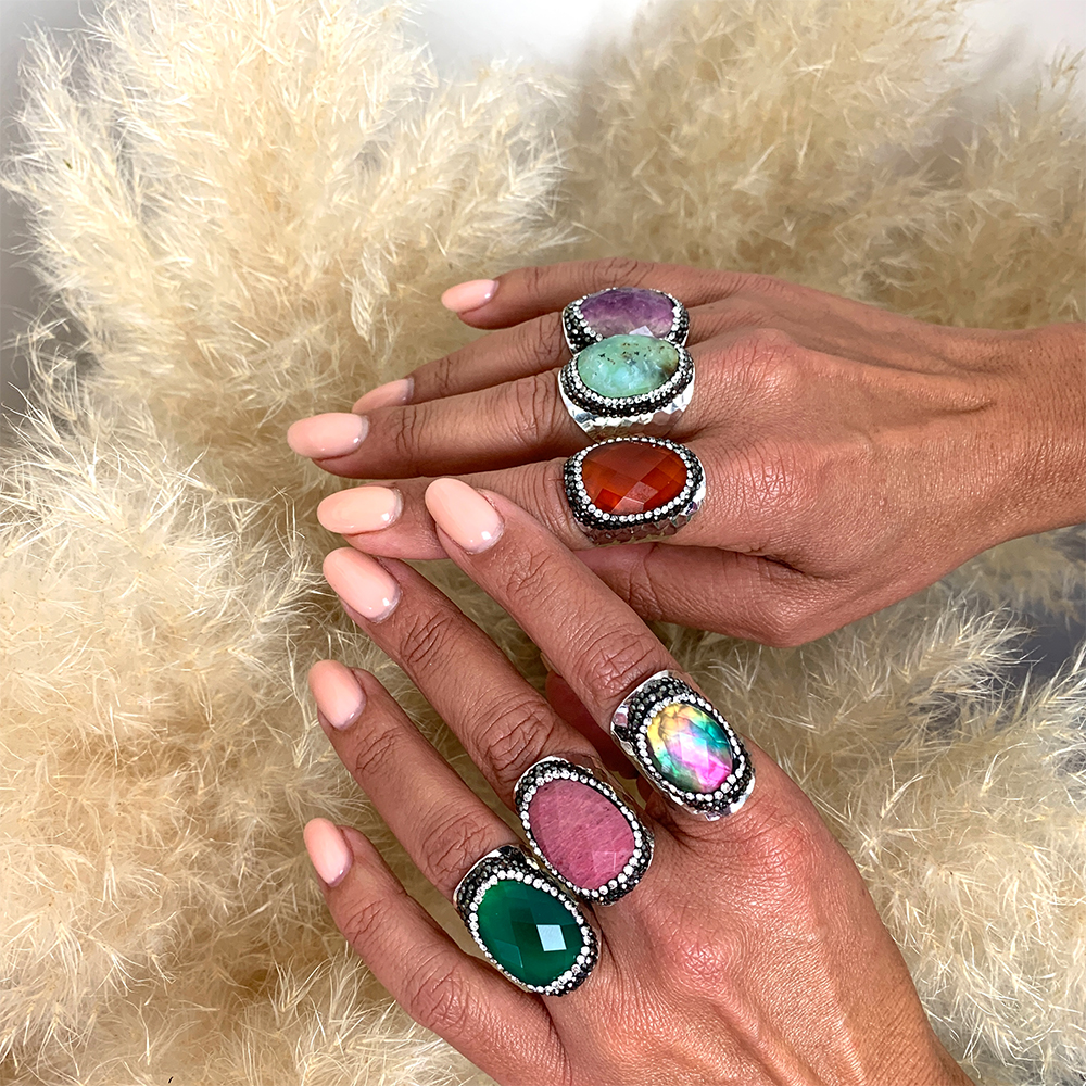 Hypnochic Bague Argenté Strass Rhodochrosite Ajustable