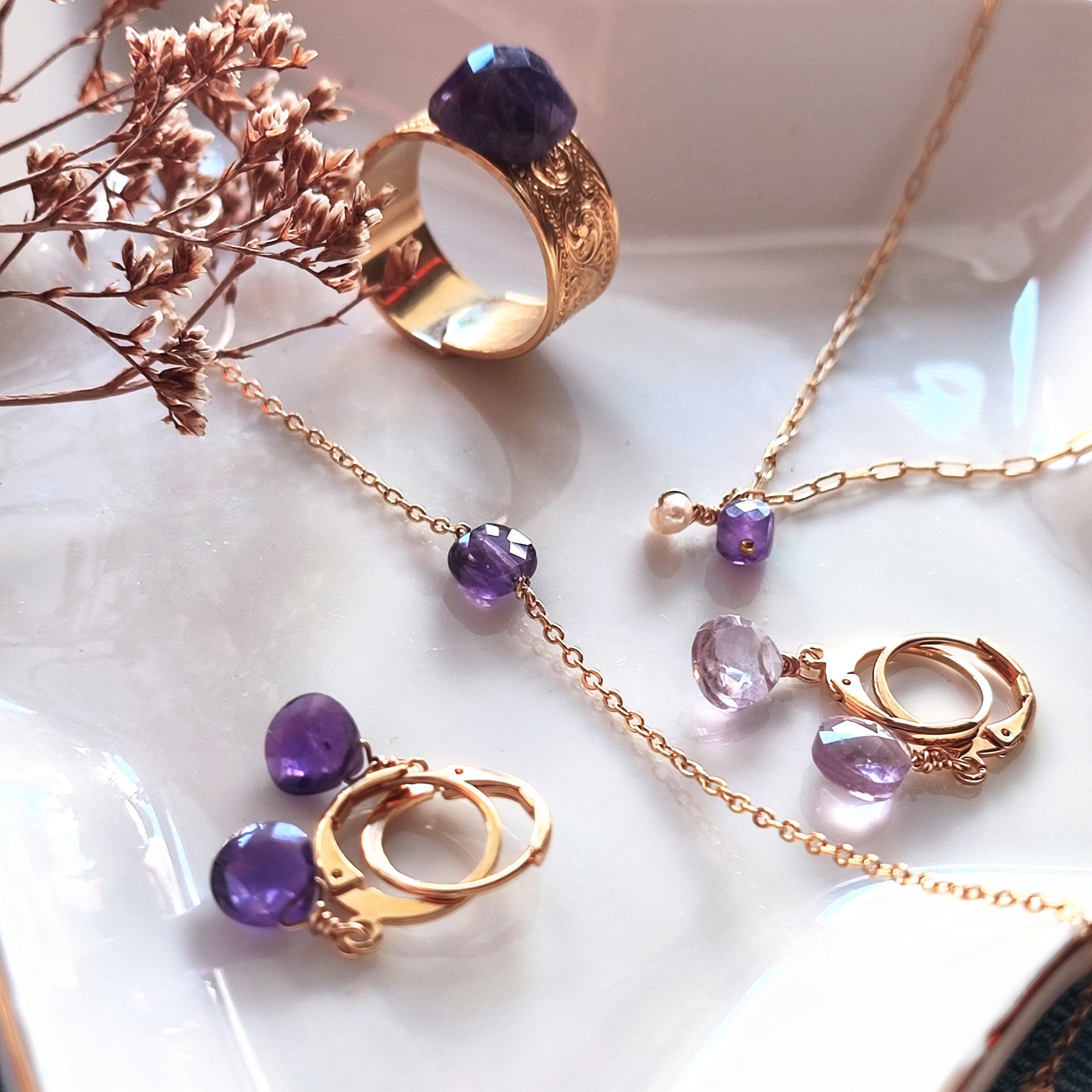 Ô Plum Ines collier améthyste perle plaqué or 42 cm