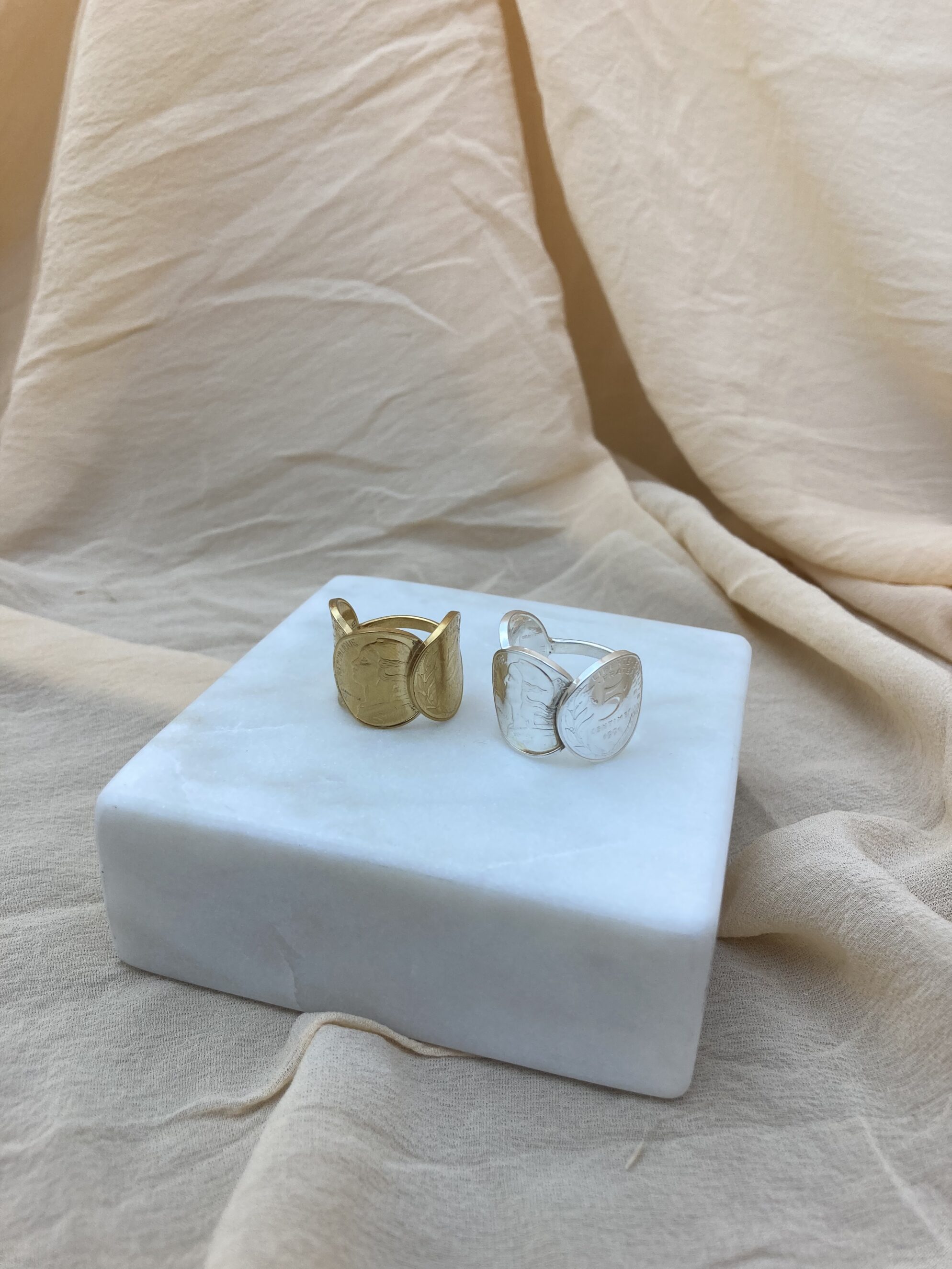 Le P'tit Franc Iel bague 3 pièces 5 centimes plaqué or