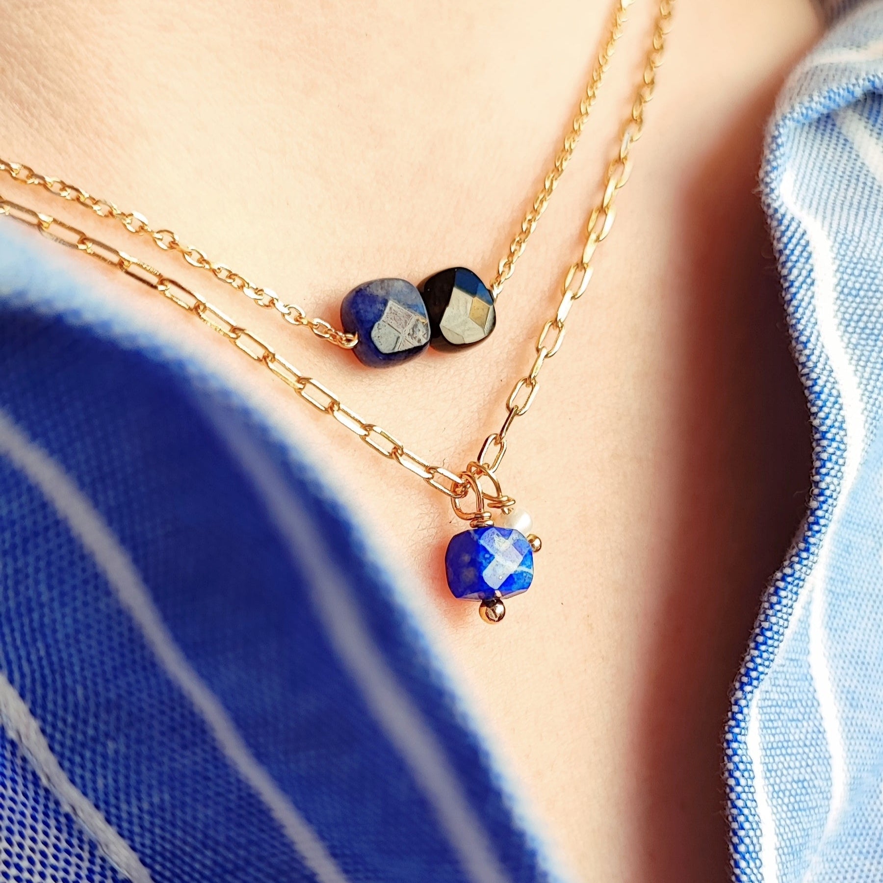 Ô PLUM Aliénor Sodalite collier plaqué or 42/45 cm