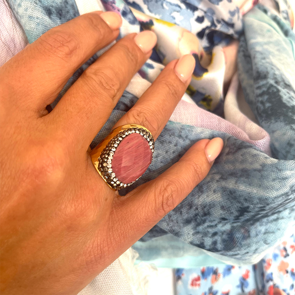Hypnochic Bague Dorée Strass Rhodochrosite Ajustable