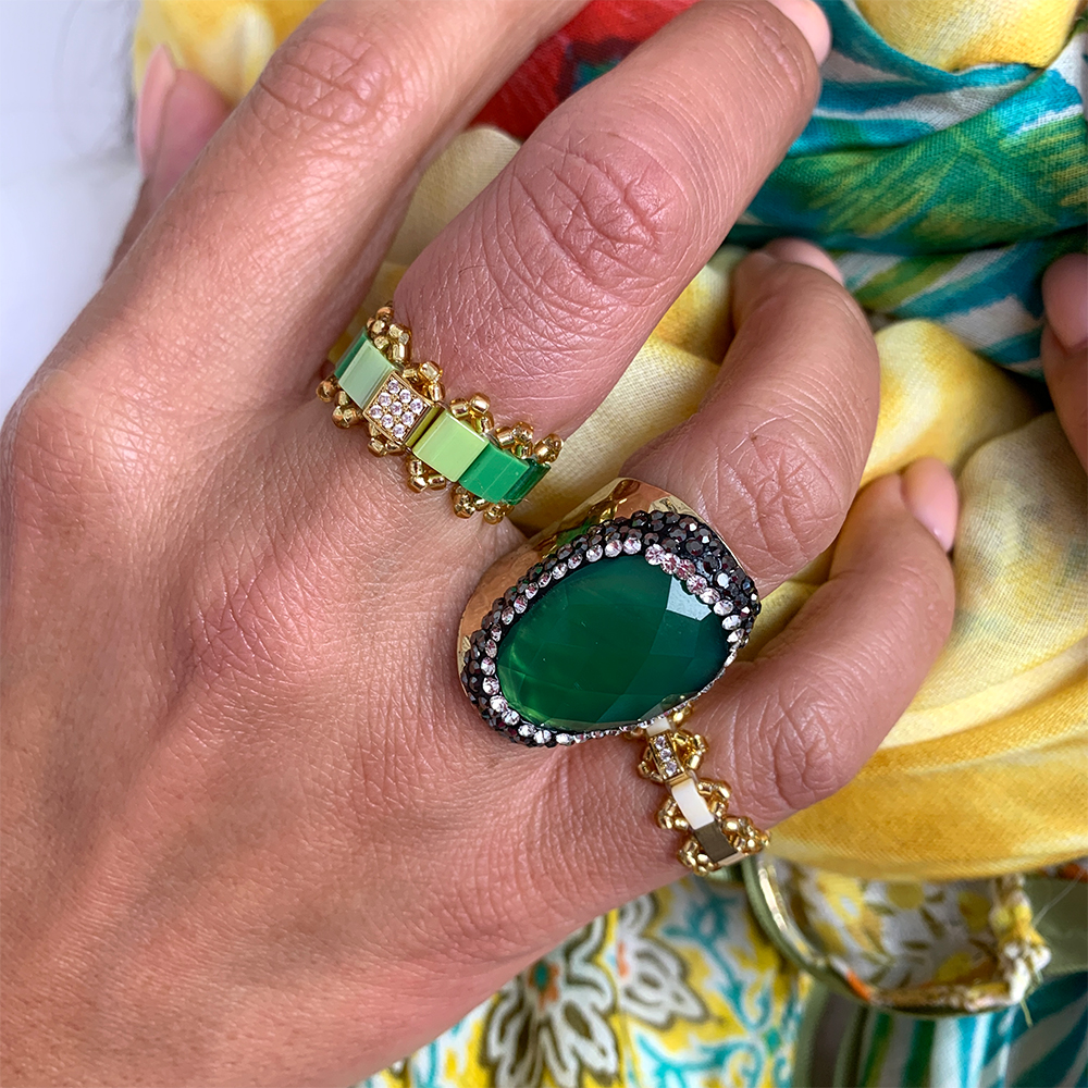 Hypnochic bague dorée strass agate verte ajustable