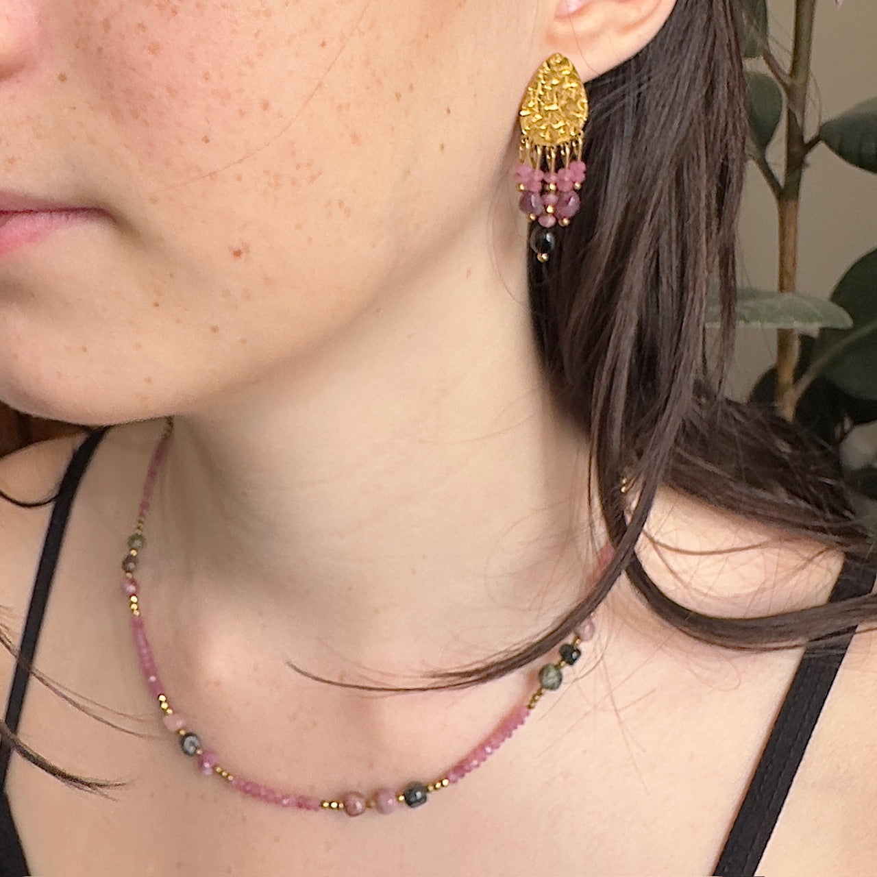 MAD SO CREATION Rosa boucles d'oreilles pendantes tourmaline rose