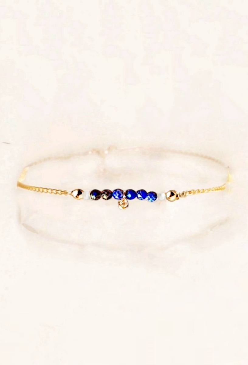 Ô Plum Bracelet Lapis-lazuli zircon plaqué or 15-18 cm